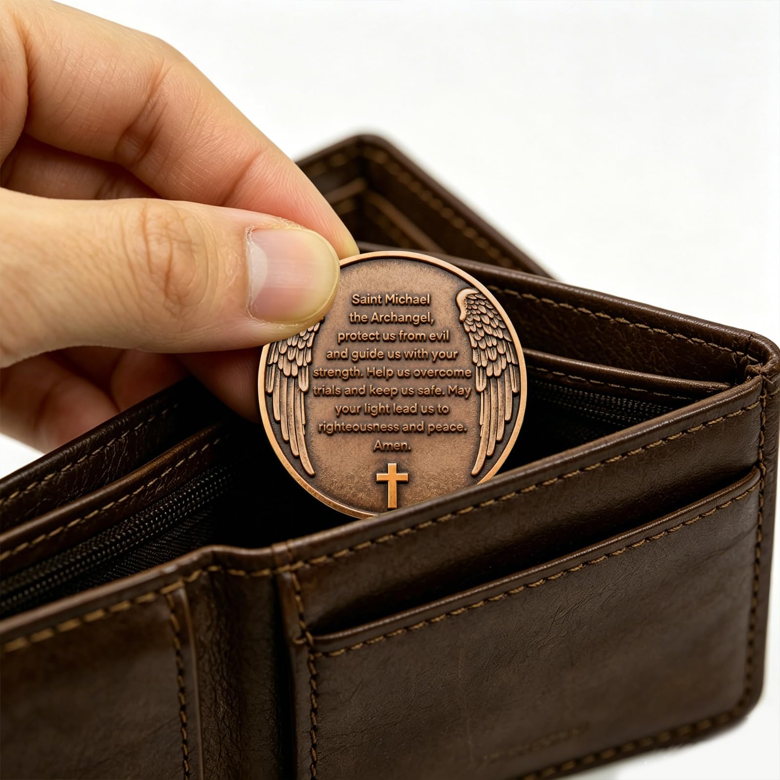 Moneda de protección del arcángel de San Miguel, moneda de ángel de la guarda con oración de San Miguel, moneda religiosa cristiana con funda protectora transparente, acabado antiguo