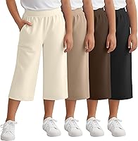 YooAurvox 4 Pack Girls Wide Leg Capri Pants with Pockets - Elastic Waist Yoga Workout Lounge Sweatpants for Kids
