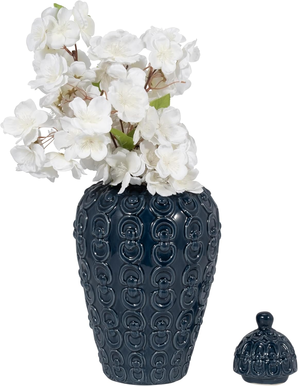 Textured Ceramic Jar Vase for Living Room and Home Decor - Elegant Flower Vase Accent for Room, Bedroom, or Office Display - Sculpted Table Decor for Kitchen Counter or House Accent - 12", Blue