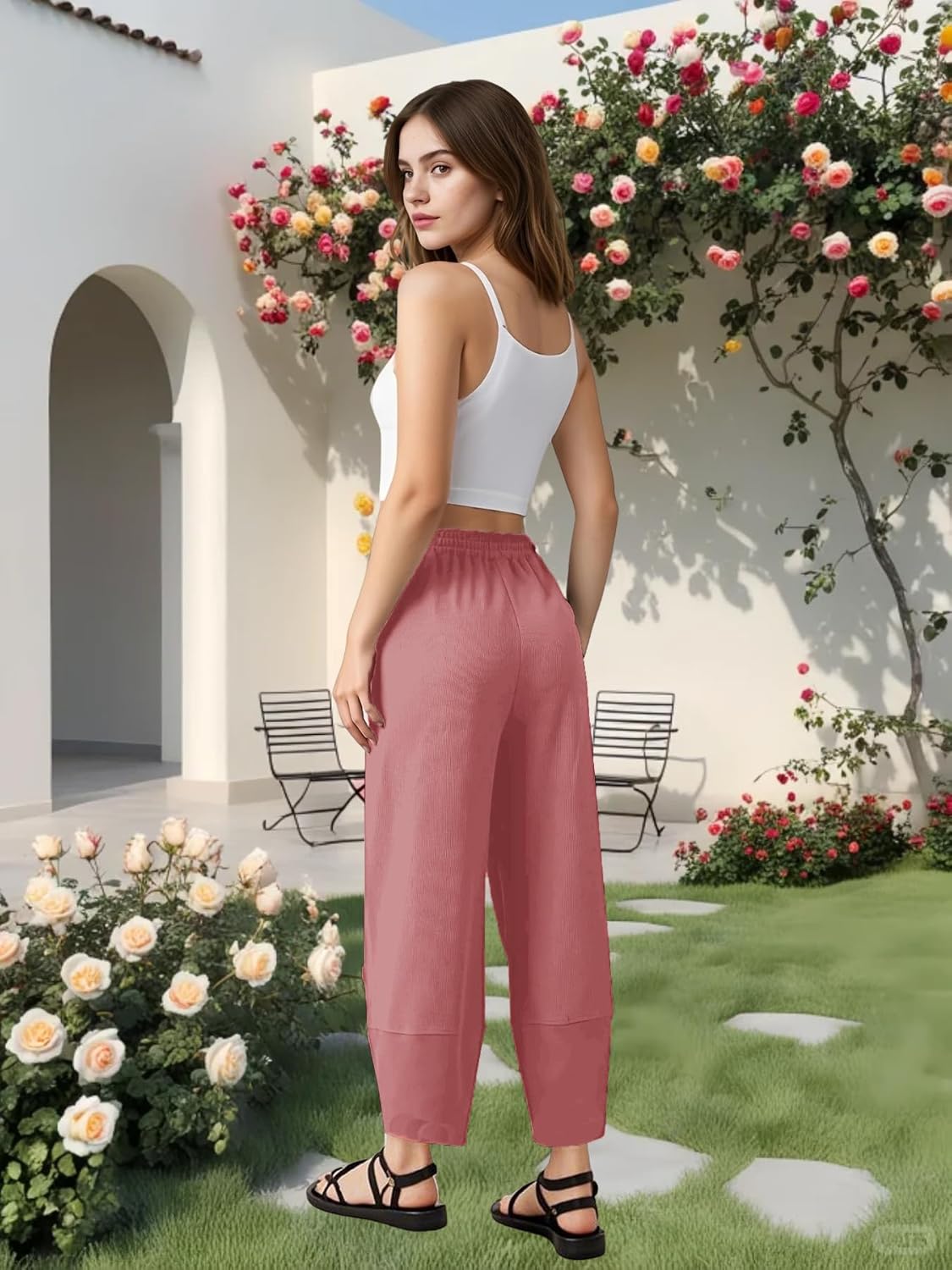 niyokki Summer Pants for Women Baggy Wide Leg Pants Casual Elastic High Waisted Palazzo Harem Pants with Pockets(Pink-M) - Image 2