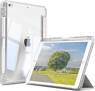 iPad 9世代 ケース iPad 第9/8 /7世代 ケース 2021/2020/2019モデル iPad 10.2 カバー クリア 透明ハードバックカバー ペンシル収納 三つ折り スタンド オートスリープ機能付き 傷防止 軽量 着脱簡単 耐久 PUレザー TPU グレー