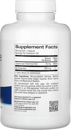 Miniatura 2 de Lake Avenue Benfotiamina con Tiamina, 250 mg, 120 Cápsulas Vegetales, Nutrición
