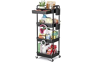 4 Tier Rolling Utility Storage Cart, Multipurpose Organizer for Kitchen, Bathroom, Office, Black