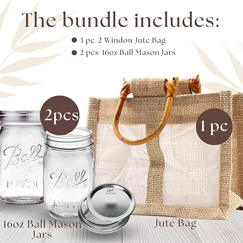 Miniatura 2 de Regular Mouth Ball Mason Jars 16 oz (2-Pack) and Jute Bags with Handles - Canning Jars with Lids - For Fermenting, Canning, Pickling, Freezing,