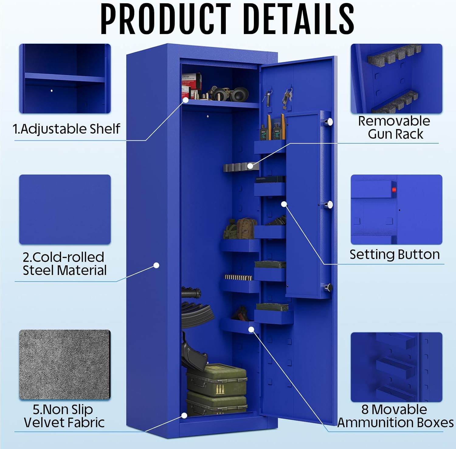 KAER 13-15 Biometric Gun Safe for Home Rifles and Pistols, Large Heavy-Duty Cabinet with Ammo Box, Shelf & Racks, No Assembly,Blue