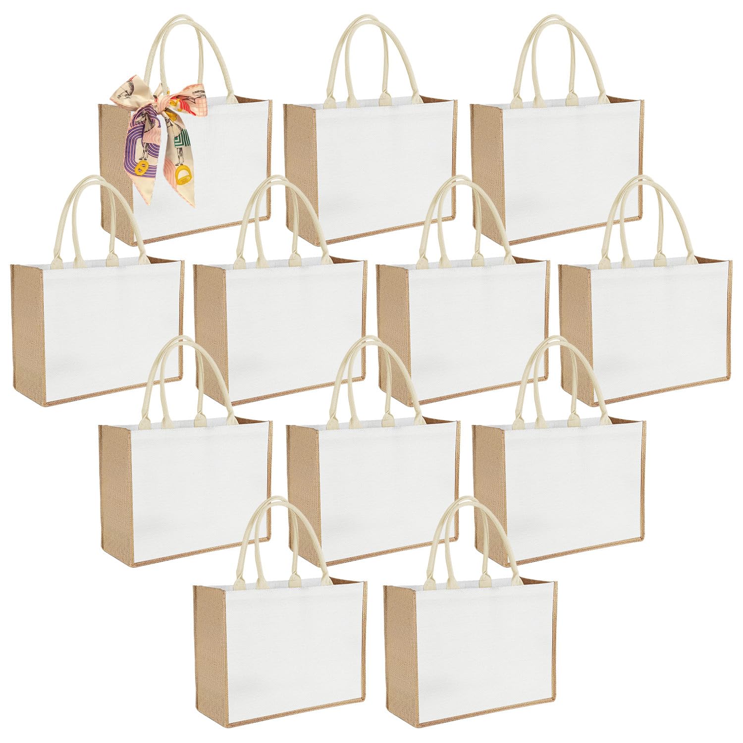 12 bolsas de mano con asa para dama de honor, recuerdos de boda, bolsa de regalo de bienvenida a granel reutilizable para compras en la playa, Yute y blanco, 12.2'' x 5.9'' x 15.4''
