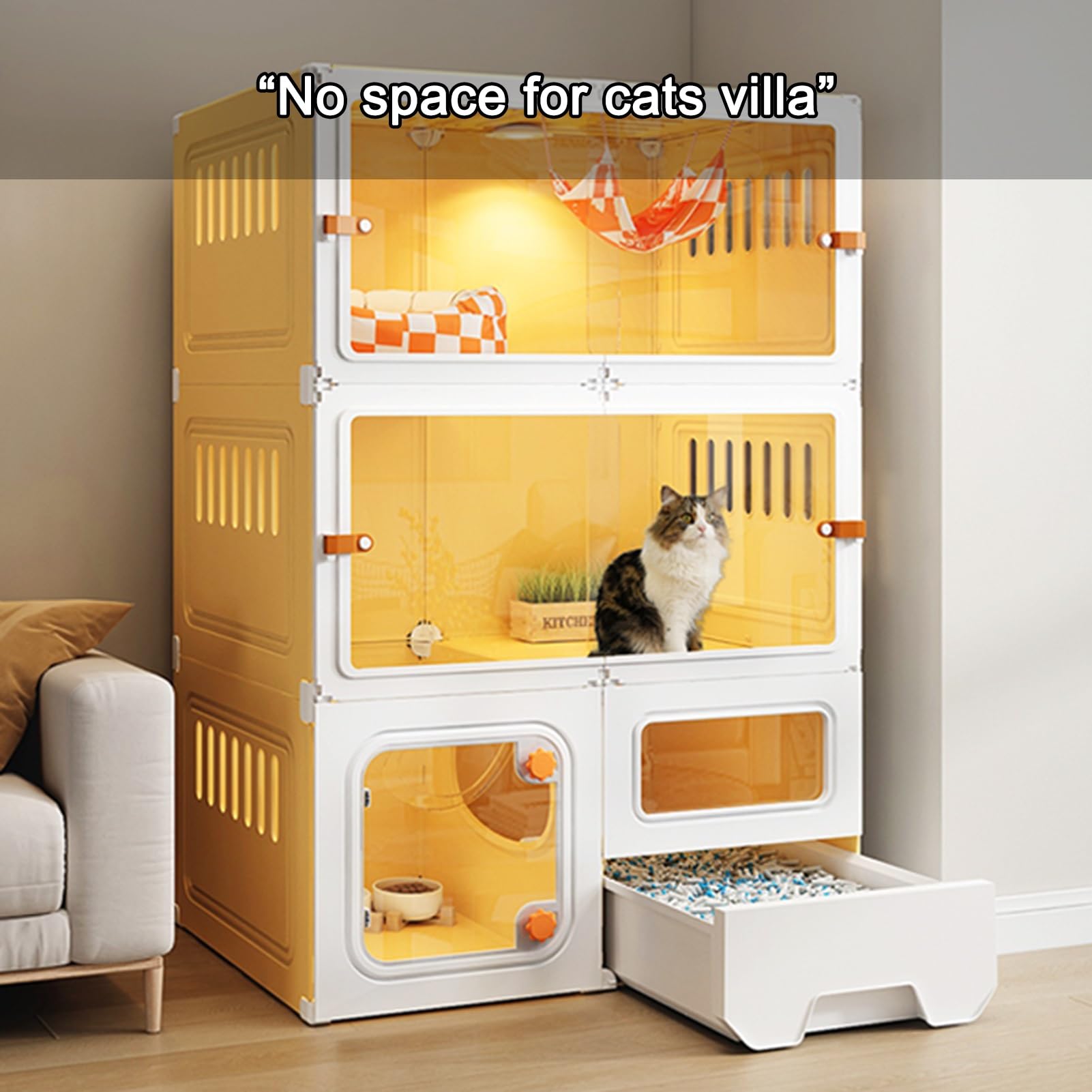 Cat Cage Indoor Cat Enclosures, DIY Cat Playpen with Cat Litter Box, Tall Three-Tier Cat Enclosures with 360° Ventilation, with Sliding Transparent Cat Door(White)