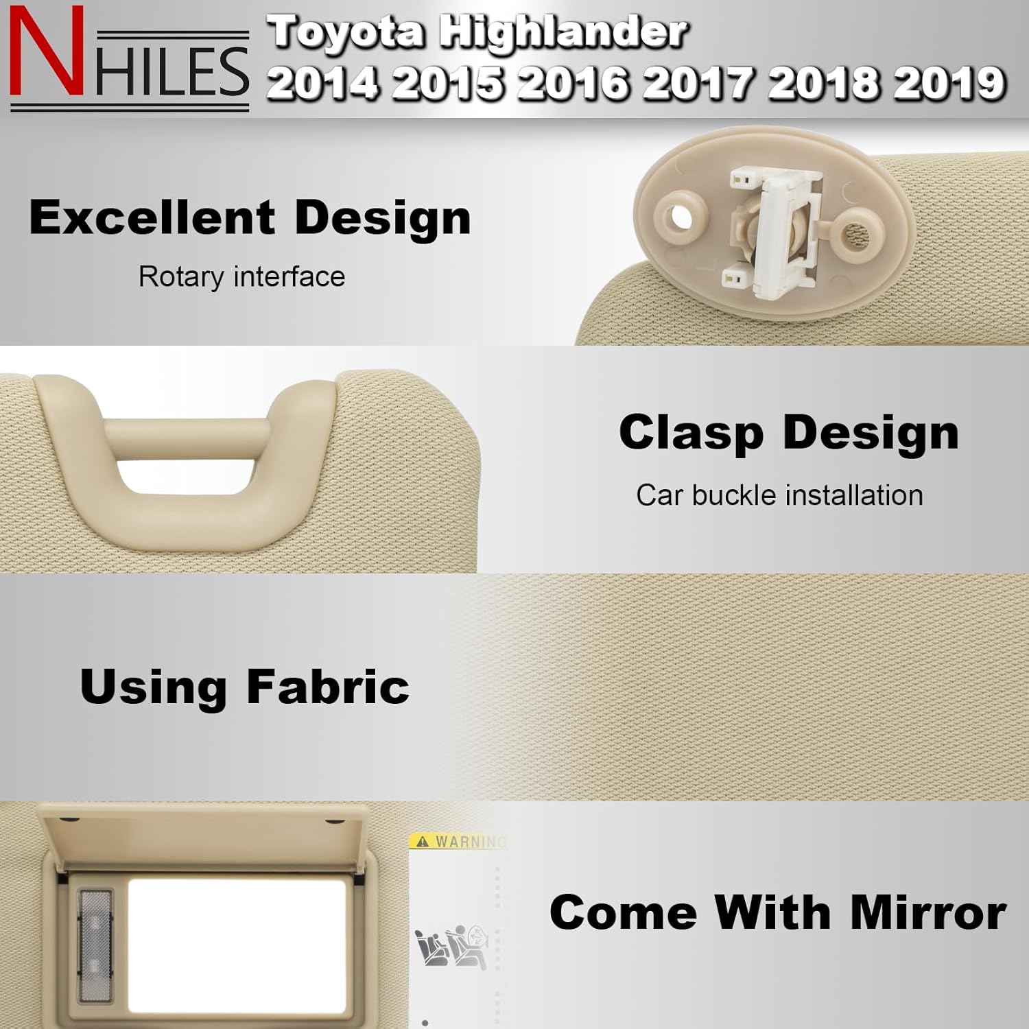 NHILES Left Driver Side Sun Visor Compatible with Toyota Highlander 2014 2015 2016 2017 2018 2019 Replaces# 74320-0E074-A0 Color Flaxen