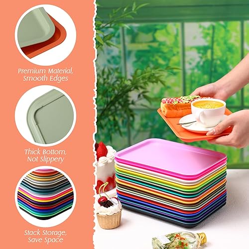 Miniatura 3 de Sintuff 20 bandejas de plástico de comida rápida a granel, bandejas coloridas para cafetería, bandejas para servir restaurante, bandeja para