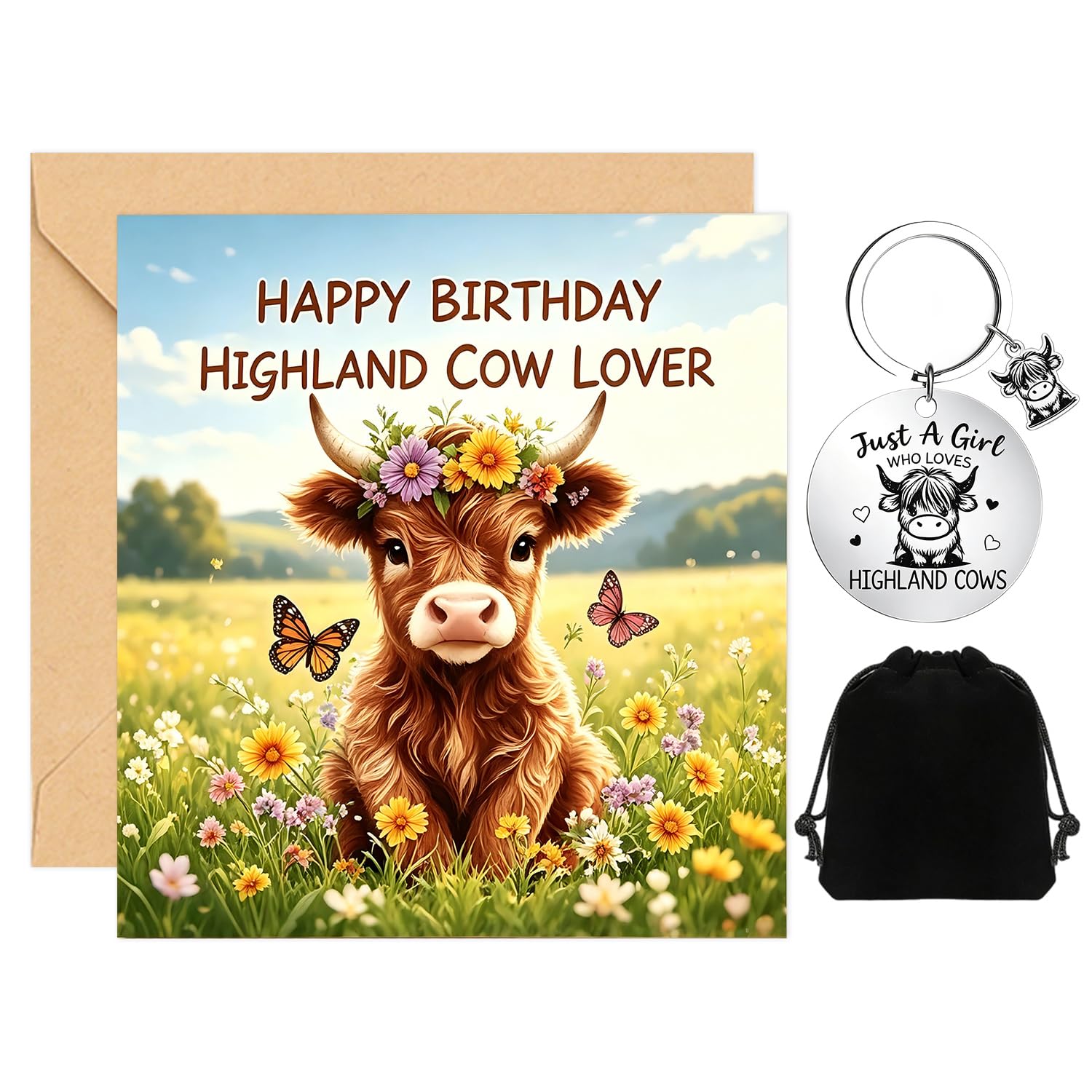 Highland Cow Birthday Card, Highland Cow Gifts, Including Cow Keyring, Velvet Pouch & Envelope, Highland Birthday Card for Women Mum Friends Colleague Daughter