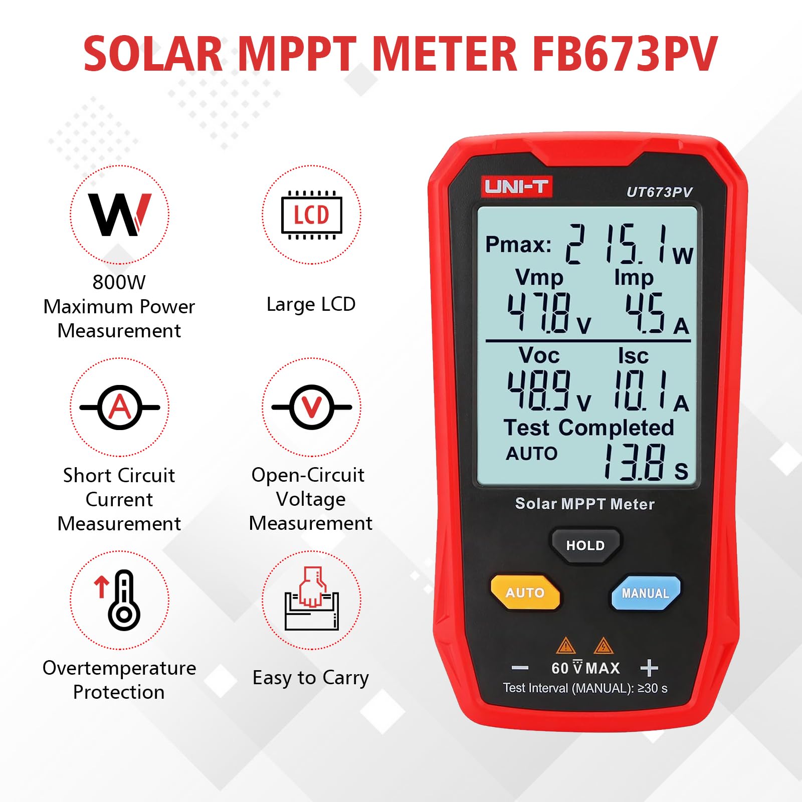 Solarpanel Tester, UT673PV 800W Photovoltaik Multimeter mit LCD-Display, Photovoltaik Solarpanel tester Leistungsmessgerät, Smart MPPT Leerlaufspannungs Fehlerbehebung, kein Strom erforderlich