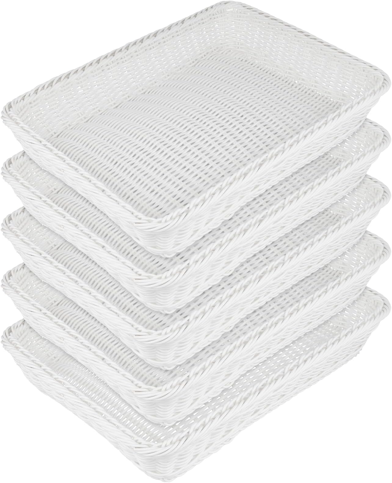 JEUIHAU 4 Pack Poly Wicker Bread Baskets,15.7inch Rectangle Food Display Baskets Moisture-Resistant for Kitchen Storage/Tabletop Serving/Hotel Buffet (White)