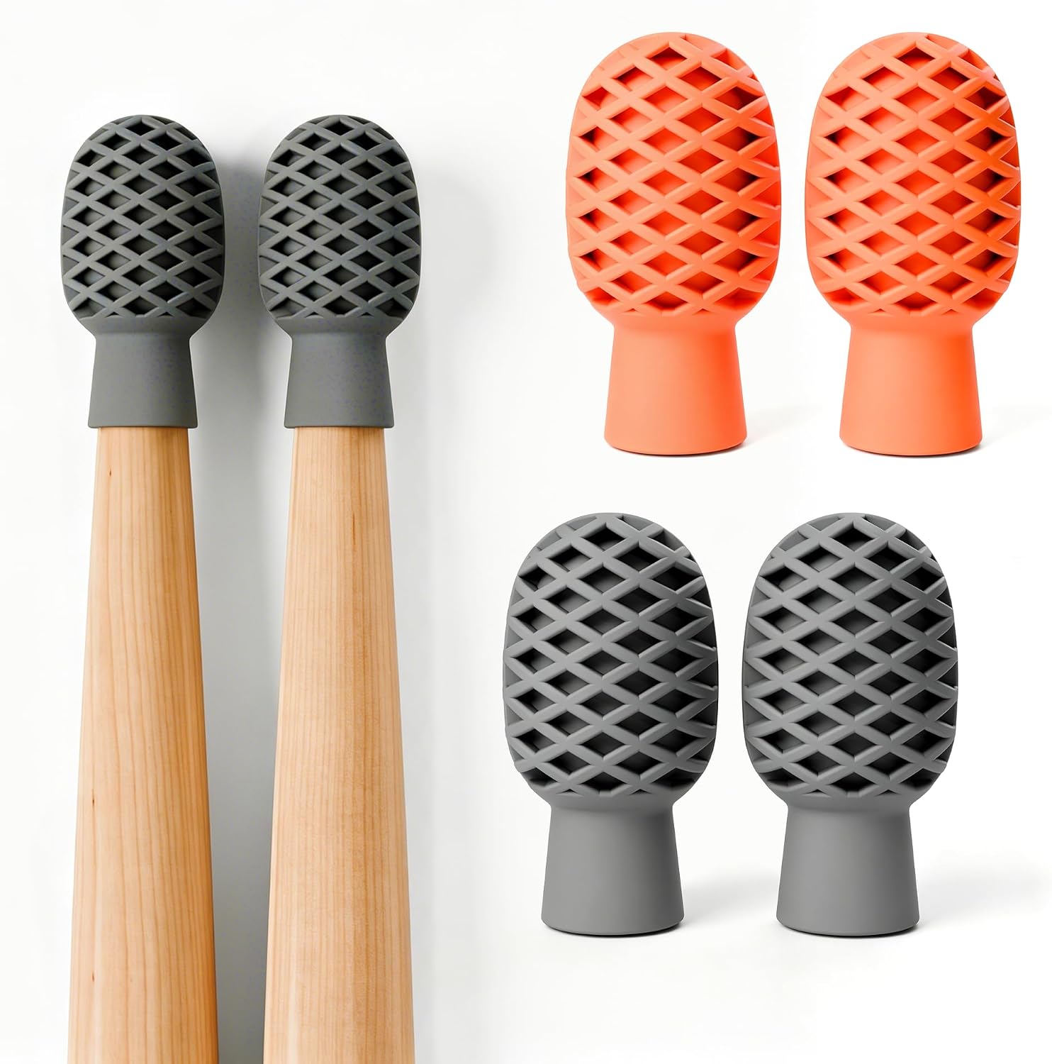 Drumstick Muting Tips Drumstick Dampeners For Practice,Replacement of Drum Practice Pad,Silicone Drumstick Tips Mute Clacking Sound From Sticks On Solid Surfaces (2Grey+2Orange)