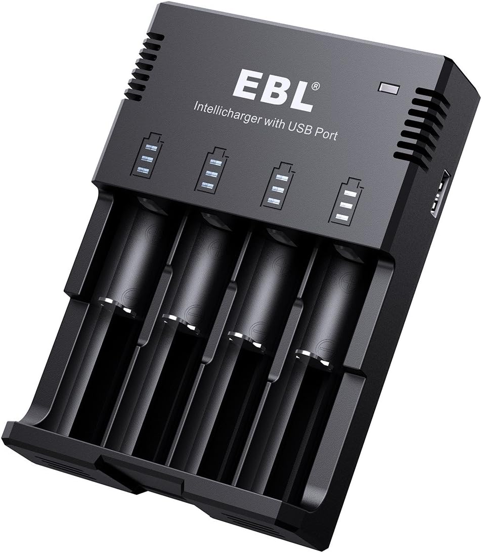 EBL Upgraded 18650 Battery Charger with 2.1A USB Port - iQuick Technology - for 18650 10440 14500 14650 16340(RCR123A) 17670 18500 18700 22650 Li-ion AA AAA Rechargeable Batteries