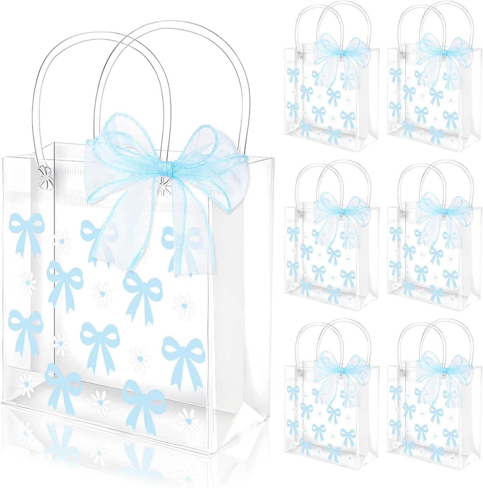 Whaline12 Pcs Bow Coquette Clear PVC Gift Bags Blue Bowknot Daisy Flower Party Favor Bags with Handle Treat Tote Bags with Ribbon for Wedding Birthday Baby Shower