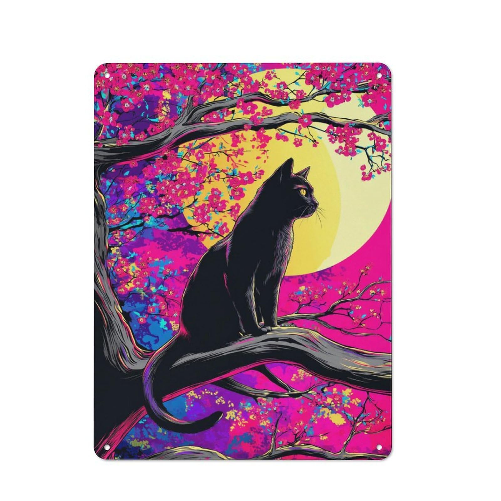 Junmoney Black Cat Under Cherry Blossom Moon Retro-Style Tin Sign 40X30cm For Man Cave Or Games Room, A Metal Wall Feature For Games Rooms And Man Caves