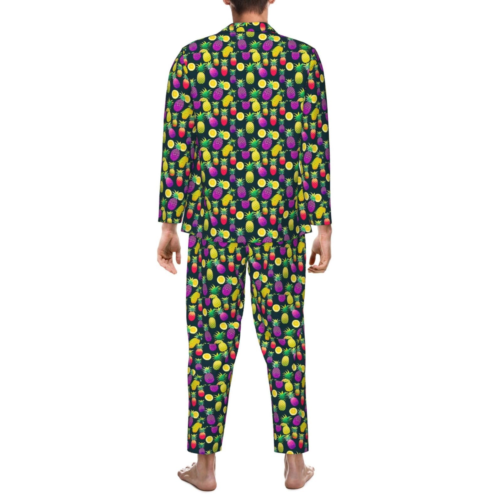 Langärmeliges Herren-Pyjama-Set mit buntem Ananas-Druck, zweiteilig, Hauskleidung, bequeme Nachtwäsche