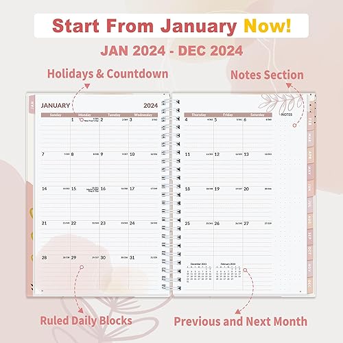 Miniatura 4 de SUNEE Agenda semanal y mensual 2024, de enero de 2024 a diciembre de 2024, agenda diaria de 8.5 x 11 pulgadas con pestaña mensual, cubierta