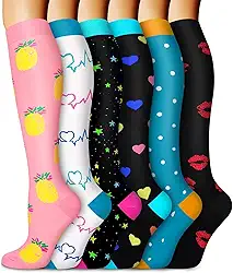 6 Pares de Meia de Compressão Feminina e Masculina - Meia 3 / 4 Média Compressão Colorida Melhor Suporte para Medicina, Corrida, Enfermagem, Atlético