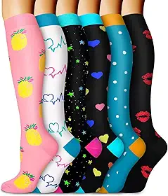 6 Pares de Meia de Compressão Feminina e Masculina - Meia 3 / 4 Média Compressão Colorida Melhor Suporte para Medicina, Corrida, Enfermagem, Atlético