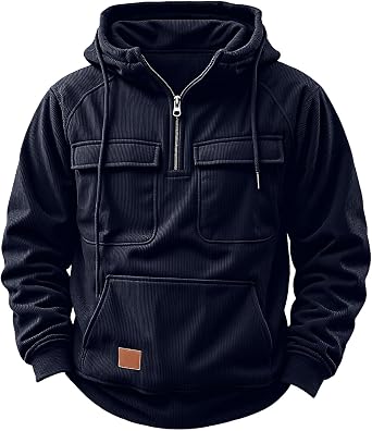 Cargo Hoodies for Men Tactical Sweatshirt Corduroy Quarter Zip Cargo Pullover Hoodies Workout Gym Fashion Hoodie
