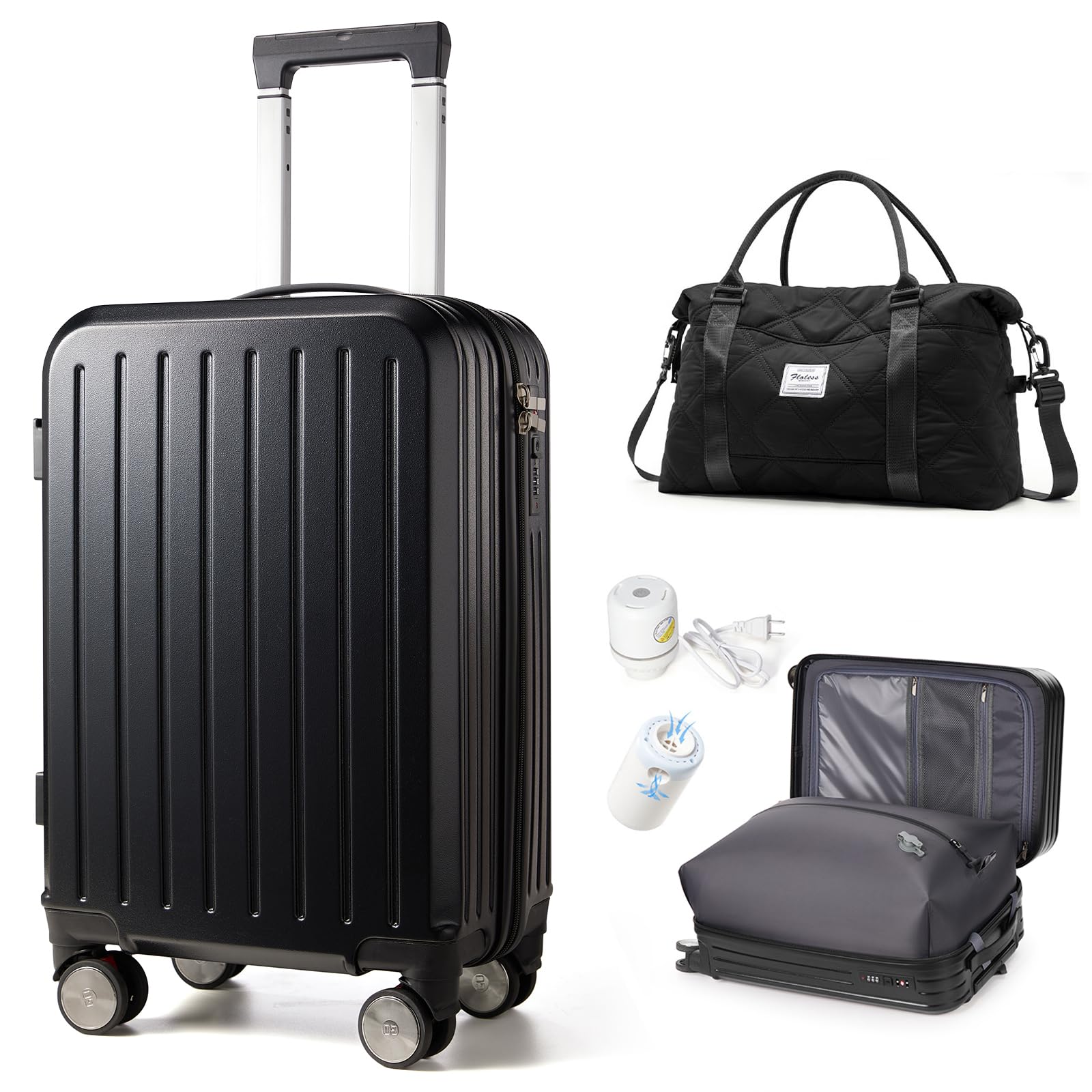 Valigia Sottovuoto,Trolley Bagaglio a Mano 55x40x20 Ryanair Easyjet,Con Sistema di Compressione a Vuoto Con Pompa,con 4 Ruote Rotanti e Lucchetto TSA e Borsa da Viaggio,Set Valigie,Nero