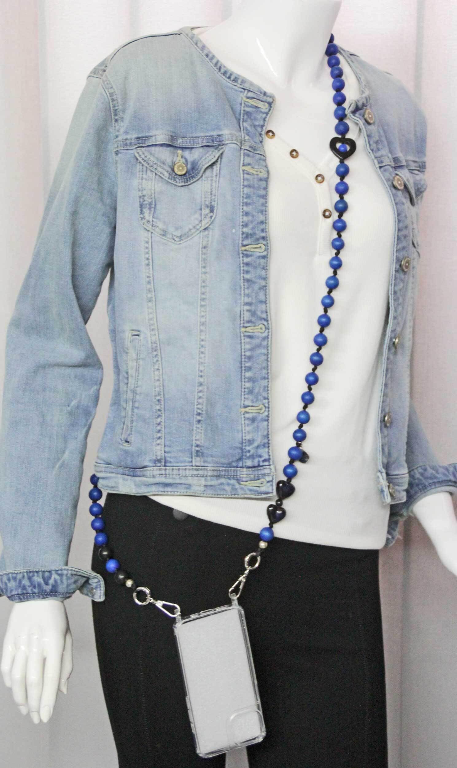 Handykette Lang Holzperlen blau mit Herz I ø15 mm I Länge ca. 138 cm I H0106
