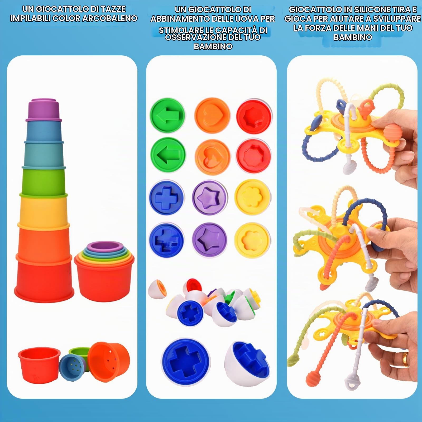 Montessori Giocattolo per bambini per mesi, giocattolo 6 in 1 per abilità motorie a partire dai mesi, sviluppo di blocchi sensoriali impilabili, scatola di fazzoletti, giocattolo educativo