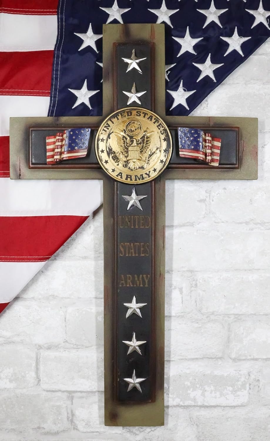 Ebros Gift Large 20" H Rustic Western USA American Military United States Army Medallion With Flags And Stars Memorial Wall Cross Decor Plaque Vintage Design Hanging Sculpture Decorative Crosses