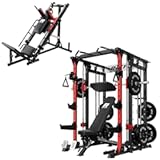 RitFit Smith Machine Power Cage with LAT Pulldown & Cable Crossover, All-in-One Power Rack Home Gym System with Leg Press Attachment & Accessories
