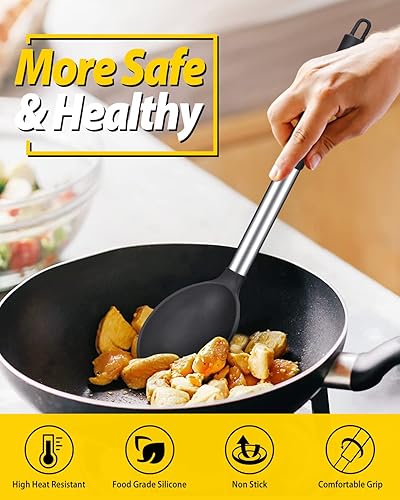 Miniatura 4 de Paquete de 2 cucharas de cocina de silicona grandes antiadherentes sólidas, resistentes al calor, utensilios de cocina para mezclar servir (negro y