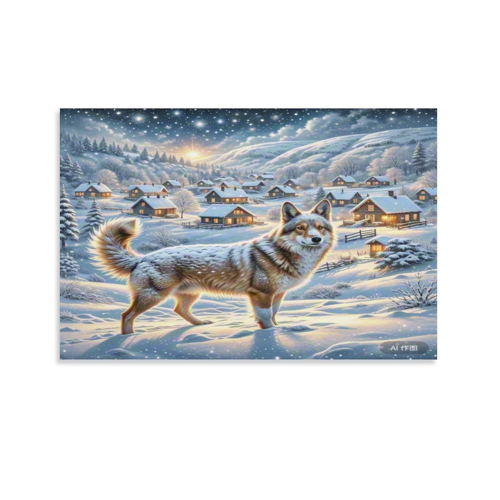 CPLVKWRQJ Snowy Wolf in Winter Village Single Winter Wolf Glowing Snowy Mountain Village Framed Wall Art - Living Room Focal Point Ready to Hang Fade Resistant Wall Artwork 24x36inch(60x90cm)