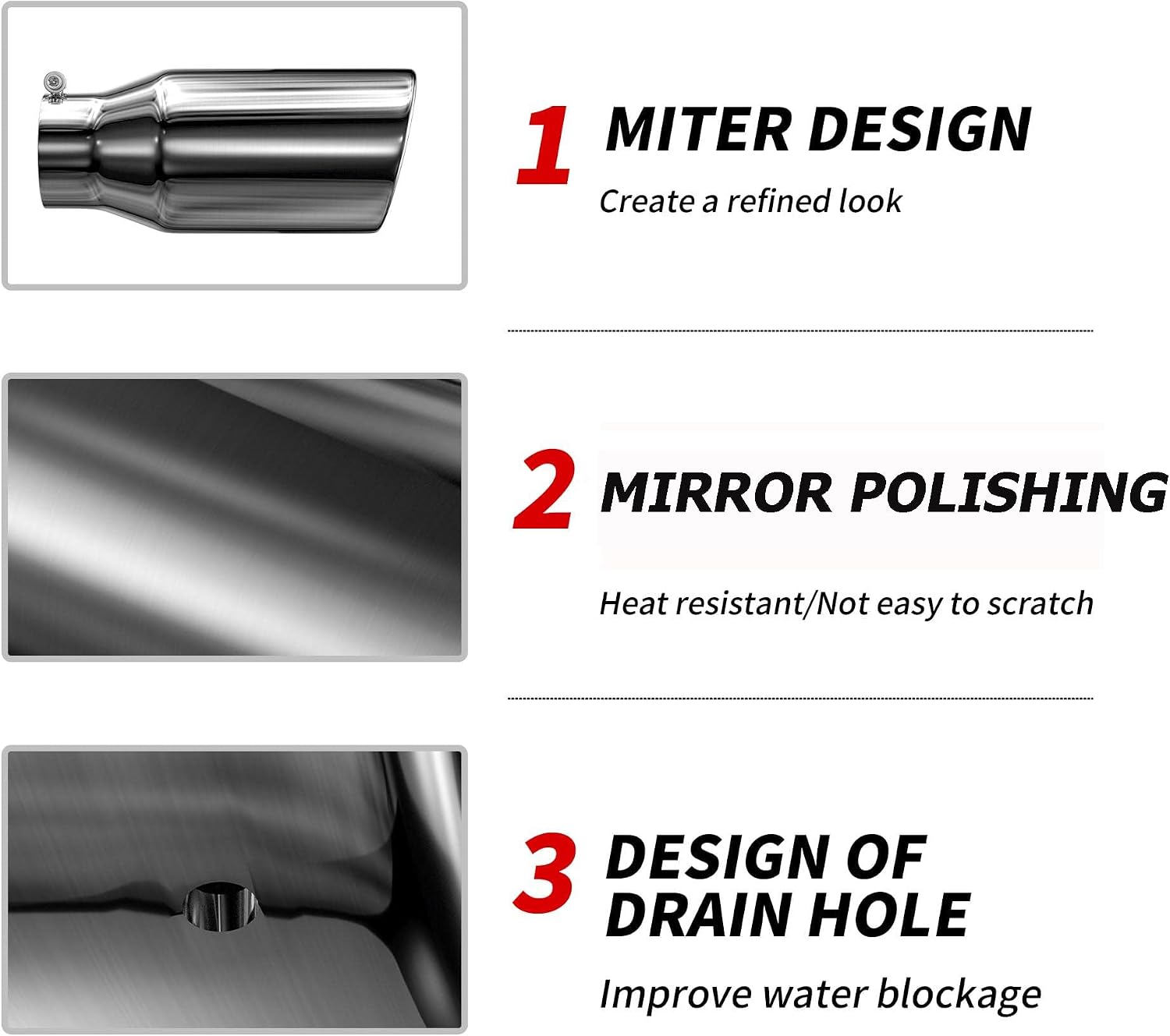 Richeer 4" Inlet Exhaust Tip, 4" Inlet 6" Outlet 12" Overall Length Stainless Steel Exhaust Tip with Polished Finish Universal for Vehicles with 4" O.D. Tailpipe, Bolt on