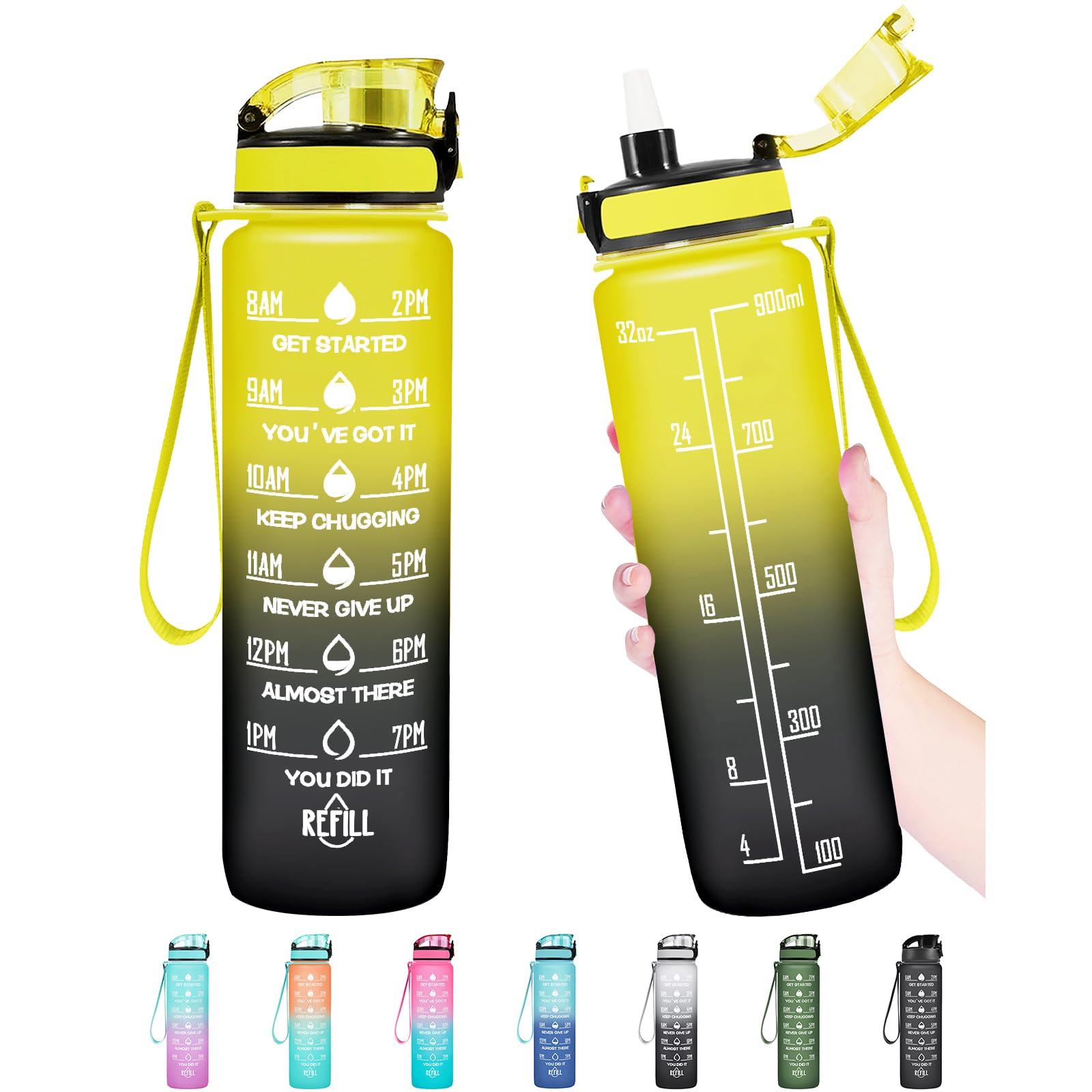 Enerbone 32 oz Water Bottle, Leakproof BPA & Toxic Free, Motivational Water Bottle with Times to Drink and Straw, Fitness Sports Water Bottle with Strap for Office, Gym, Outdoor Sports — image 1