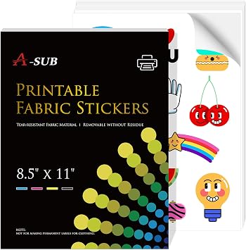 A-SUB Printable Fabric Sticker Paper for Inkjet Printers, Waterproof | Tear-resistant, Matte White, 8.5x11 Inch 10 Sheets for Making Custom Stickers