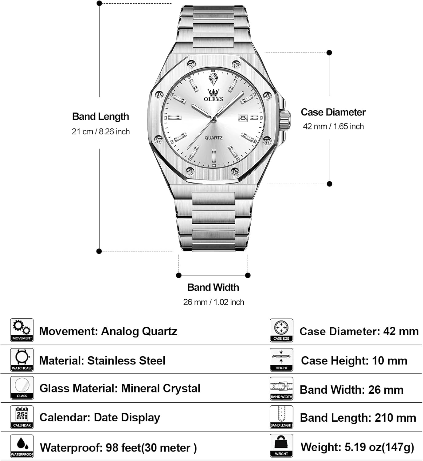 OLEVS Men's Stainless Steel Watch, Large Face Octagonal Three-Hand Analog Quartz Watches for Men, Luxury Easy to Read Calendar Date Waterproof Luminous Mens Wristwatch - Image 6