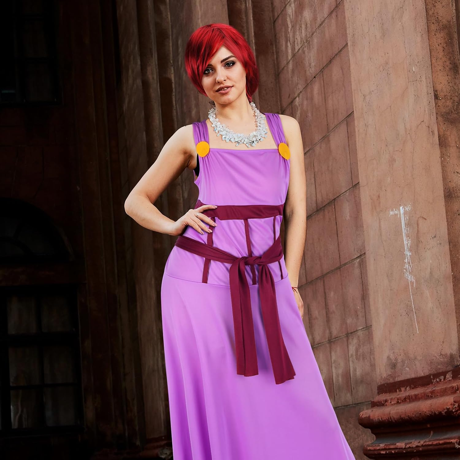 Halloween Princess Cosplay Costume for Women Pink Dress Outfits Burgundy Curly Wig Headband for Halloween Party,Medium