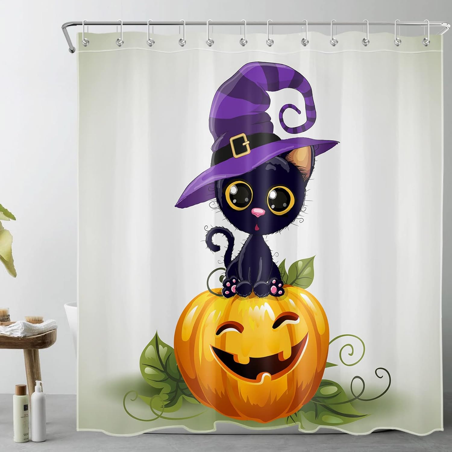 LB Halloween Pumpkin Shower Curtain Decor, Fall Pumpkin Catoon Animal Funny Cat With Witch Purple Magic Hat Shower Curtains 72X79 inch Polyester Fabric Bathroom Decoration Bath Curtains Hooks Included