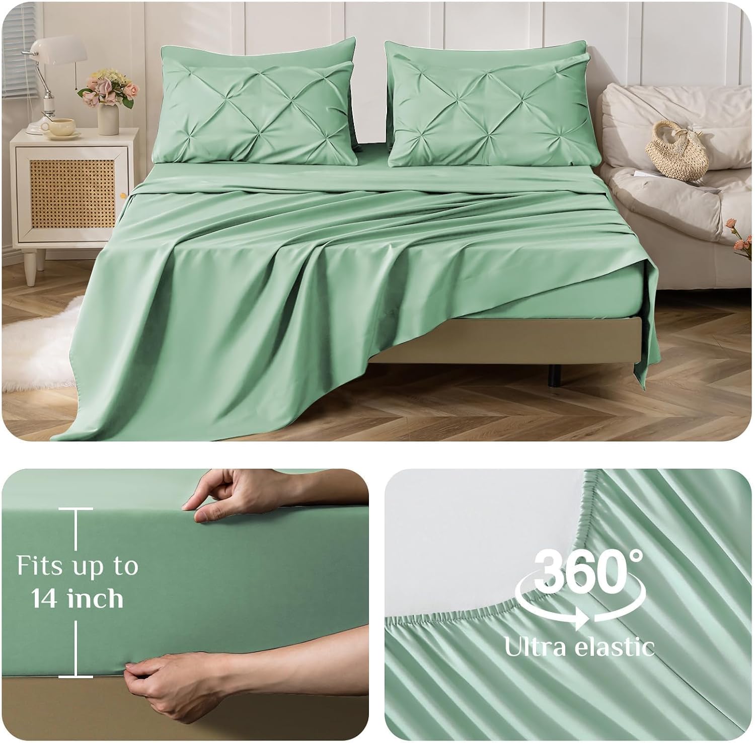 JOLLYVOGUE Queen Comforter Set 7 Pieces - Bed in a Bag Queen for All Season, Pintuck Bedding Comforter Sets with Comforter, Flat Sheet, Fitted Sheet and Pillowcases & Shams, Sage Green - Image 4