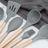 38 Pieces Kitchen Utensils Set, BEWOS Silicone Cooking Utensils Set with Spatula, Utensil Holder and Measuring Spoons, Nonstick Heat Resistant, Grey Kitchen Gadgets, Wooden Handle - 4