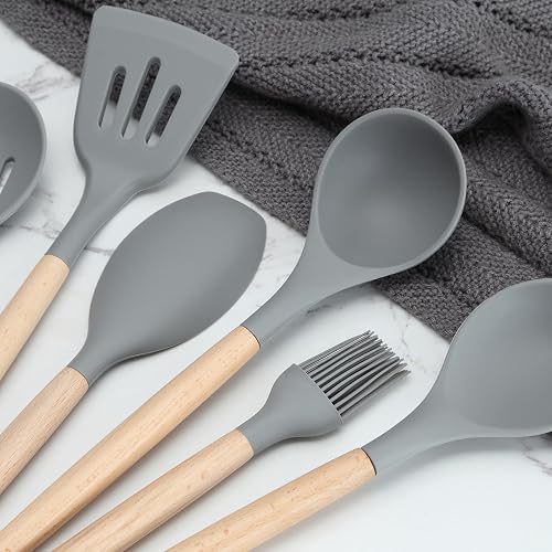 38 Pieces Kitchen Utensils Set, BEWOS Silicone Cooking Utensils Set with Spatula, Utensil Holder and Measuring Spoons, Nonstick Heat Resistant, Grey Kitchen Gadgets, Wooden Handle - 4
