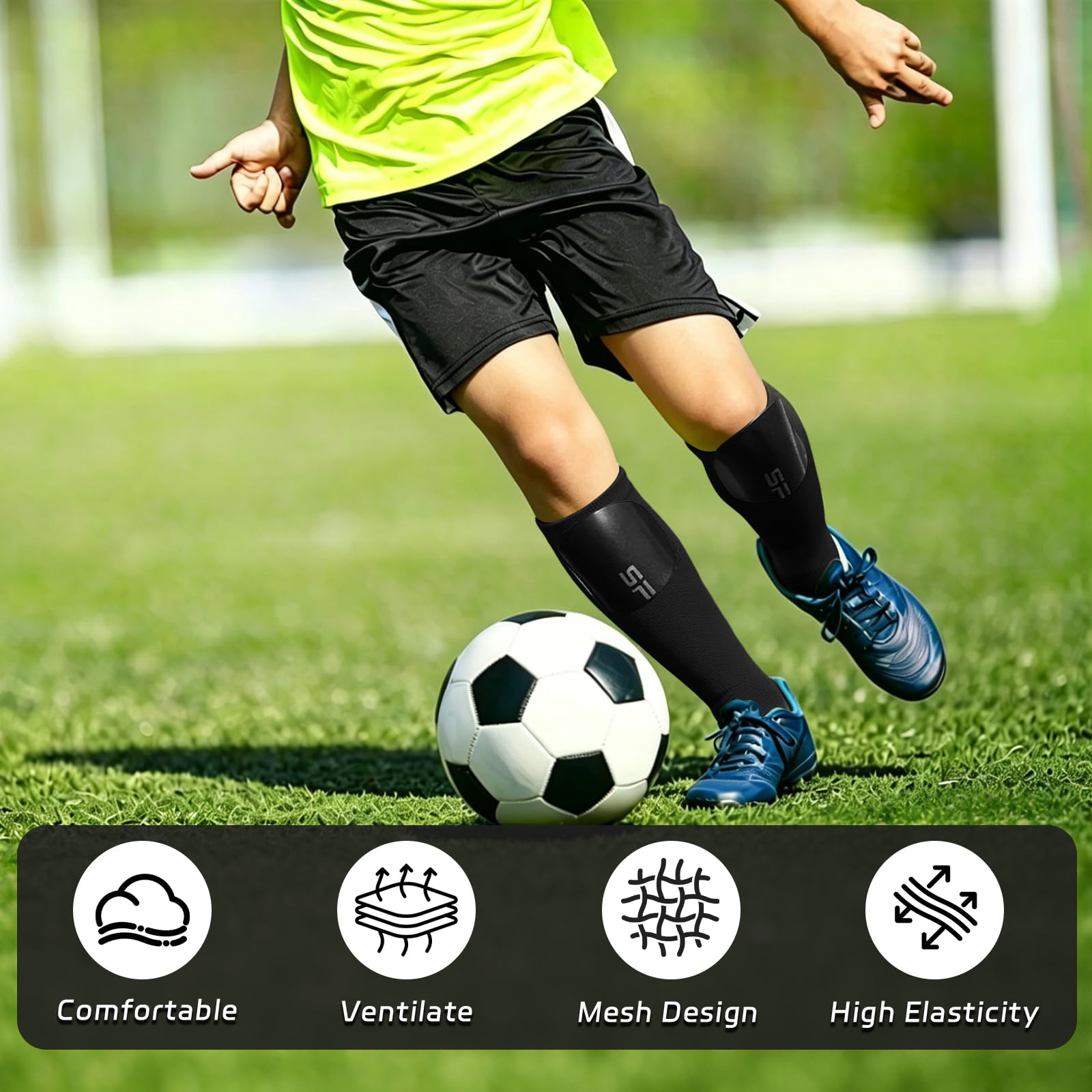Fascia Fermaparastinchi Calcio per Bambini e Adulti, Calza di Fissaggio per Parastinchi con Tasca Ottimizzata, Traspirante e Antiscivolo