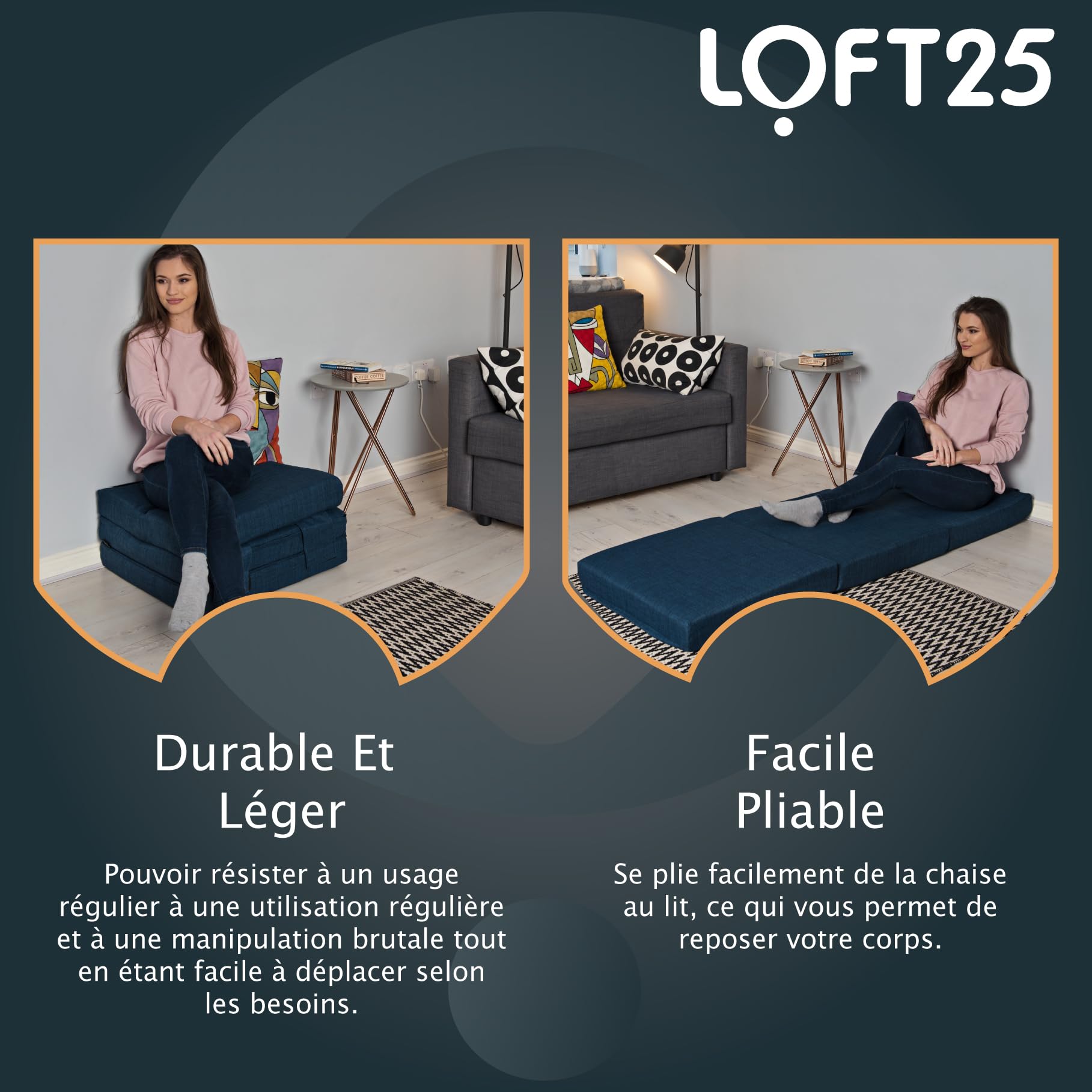 Loft 25 Matelas Pliant en Mousse Portable pour literie Simple | Poignées de Transport | Revêtement Effet Lin | Chambre à Coucher pour invités | Se replie pour Le Rangement (Minuit)