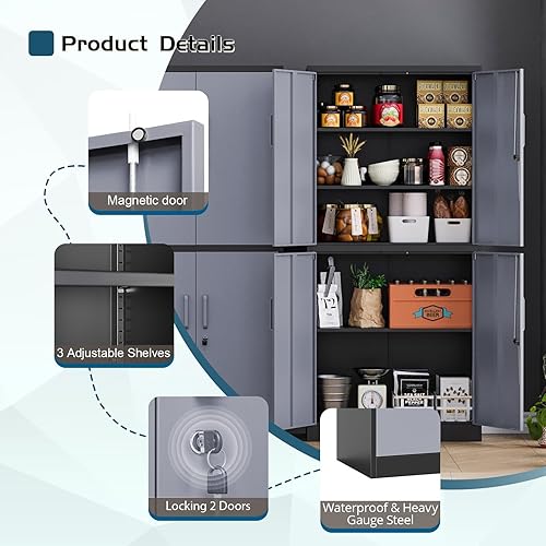 Vista 166 de MIIIKO Armario de almacenamiento de metal con puertas de bloqueo, armarios de acero con cerradura de garaje negro con 4 puertas y 5 estantes