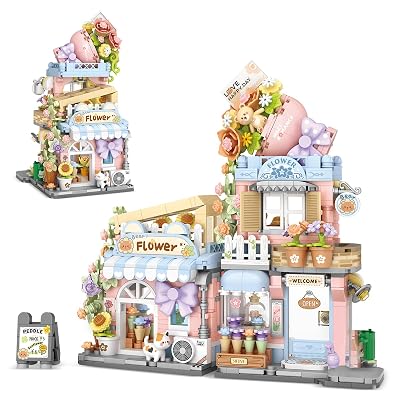 Street View Flower House Shop Mini Building Blocks, MOC Creative Building Toys Cute Panda Building Set for Girls 6-12, Simulation Architecture Construction Toy, Gift Idea for Kids Adults (854 PCS)