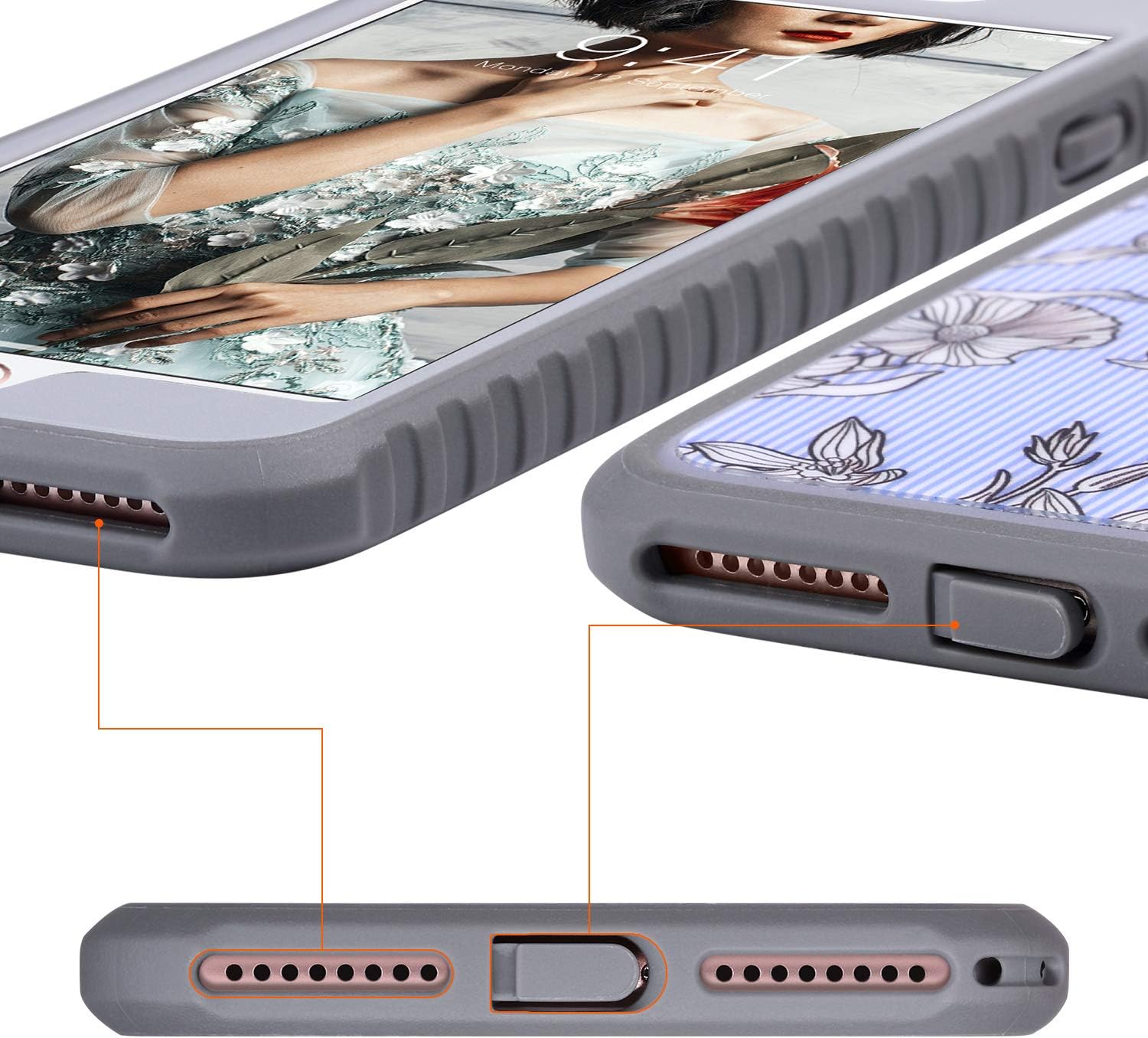 ULAK iPhone 7 Plus Case, Slim Hard PC Back Cover with Shock Absorption TPU Bumper Front and Back Protection, Durable Anti-Slip Protective Phone Case for iPhone 7 Plus 5.5 inch, Pinstripes Flowers