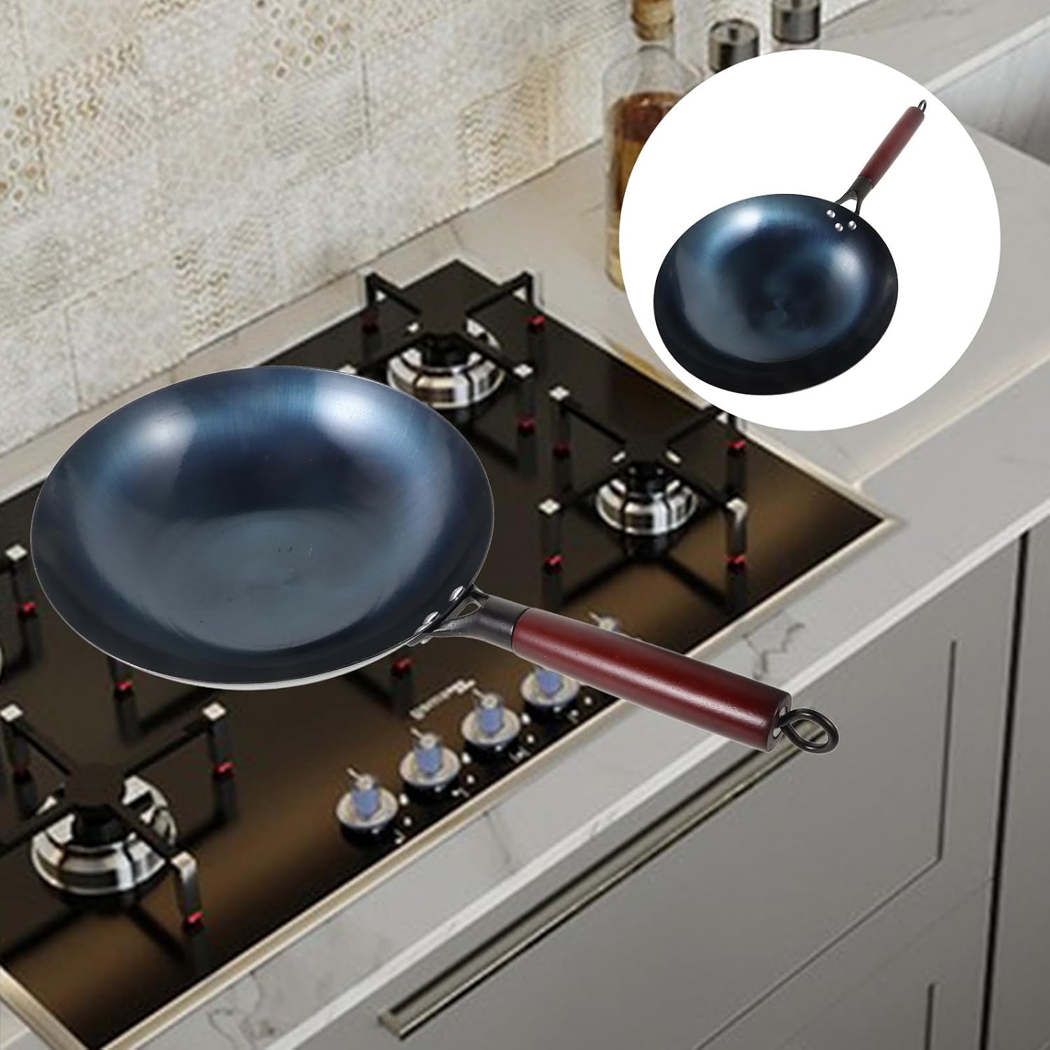 Traditional 30cm round Bottom Wok with Wood Handle, 1.5mm Thick Handmade Carbon Steel Stir-fry Pan, Non-coated Home Cooking Wok for Gas and Electric Stoves