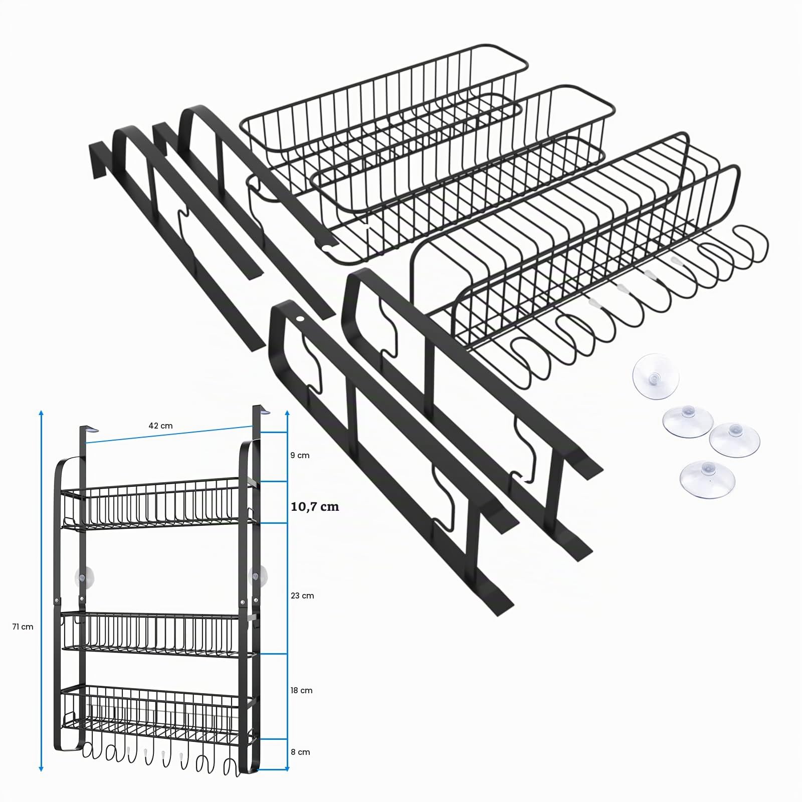 Estante de Frigorífico, 3 Niveles Especiero Colgando Estante de Almacenamiento, Estantería Nevera con 8 Ganchos, Estante Cocina Organizador para Especias sin Taladrar, Negro