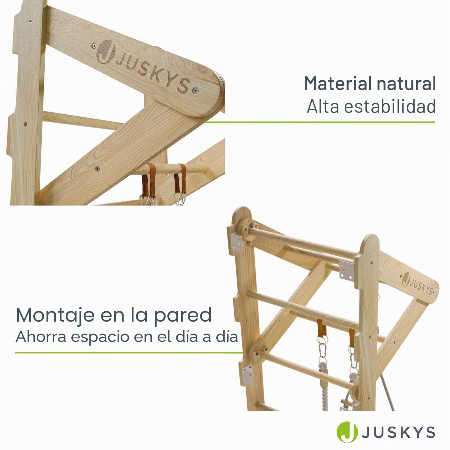 Juskys Espaldera para Niños - con Barra de Tracción, Estructura de Escalada Interior con Anillos de Gimnasia y Escalera de Cuerda, Pared de Escalada para Habitación Infantil, Barra Deportiva