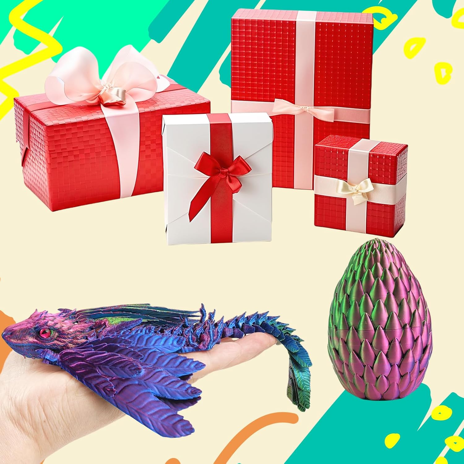 Dynamic 3D Printed Dragon Eggs with Dragon Inside，Wings Movable Feathered Wyvern,Full Articulated Crystal Flying Fidget Archaeoptera Animals Toy